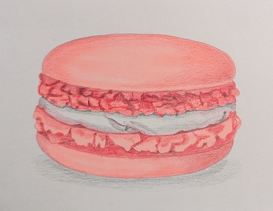 pink macaron realistic pencil drawing by Jan Wallen